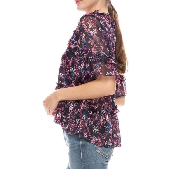 MISA - "Abigail" Short-Sleeve Blouse Floral Print - SZ XS, Black, Floral - Picture 2 of 15